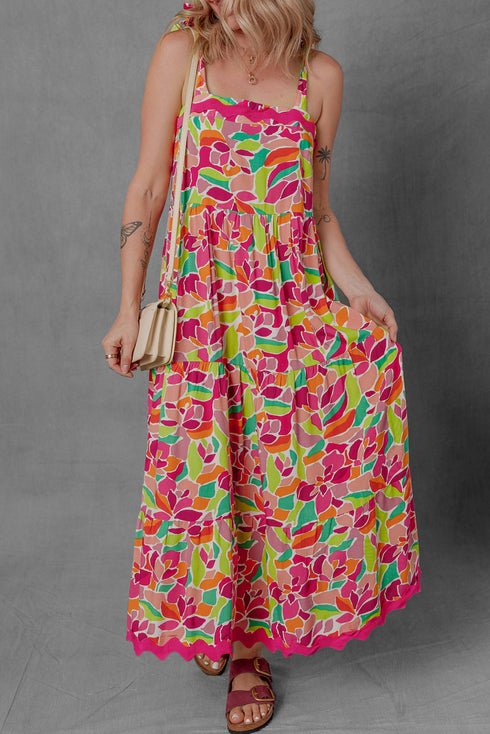 Floral Tie Strap Ricrac Trim A Line Flowing Maxi Dress